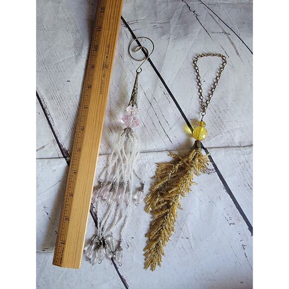 Vintage Glass Beaded Dangling Tassels 2 Ornaments Gold Pink White - Picture 9 of 9